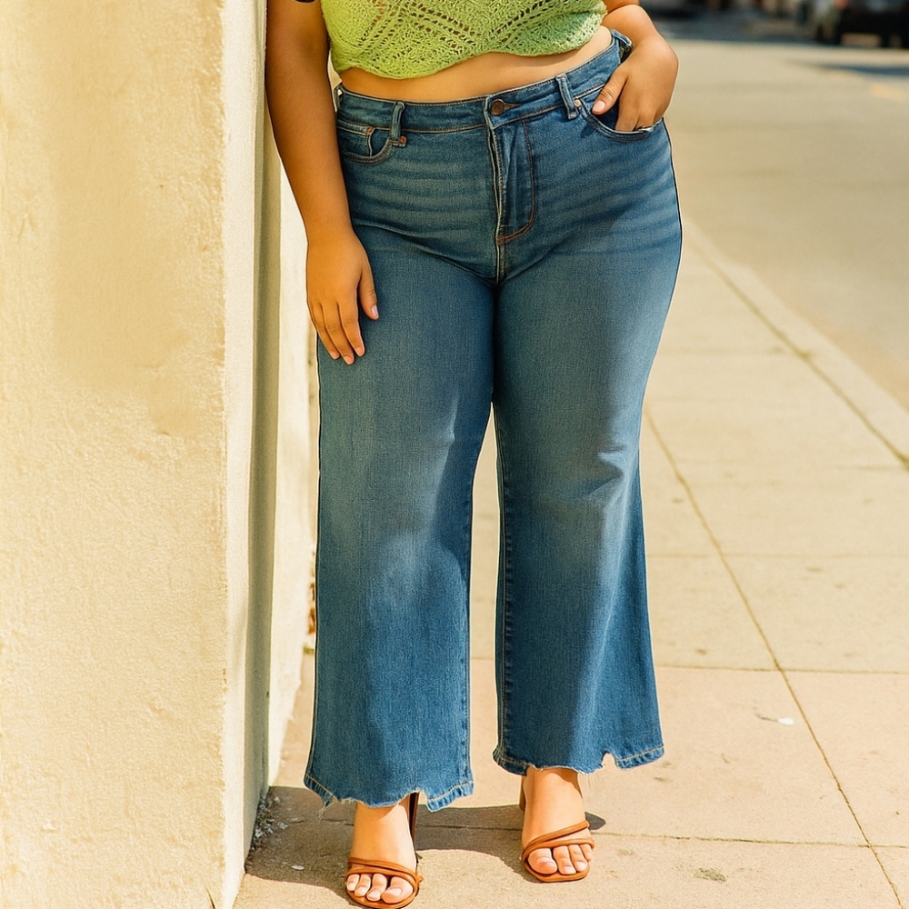 Judy Blue High-Rise Tummy Control Pants Baggy Wide Leg Cut Raw Hem Denim Jeans